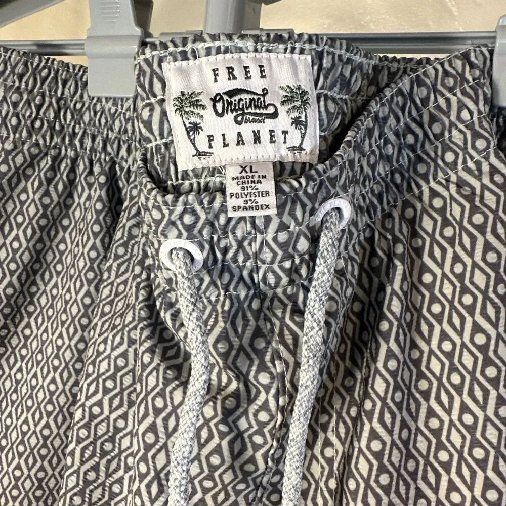 Men’s Original Free Planet Swim Trunks XL Swimming Shorts Gray Diamond Print
